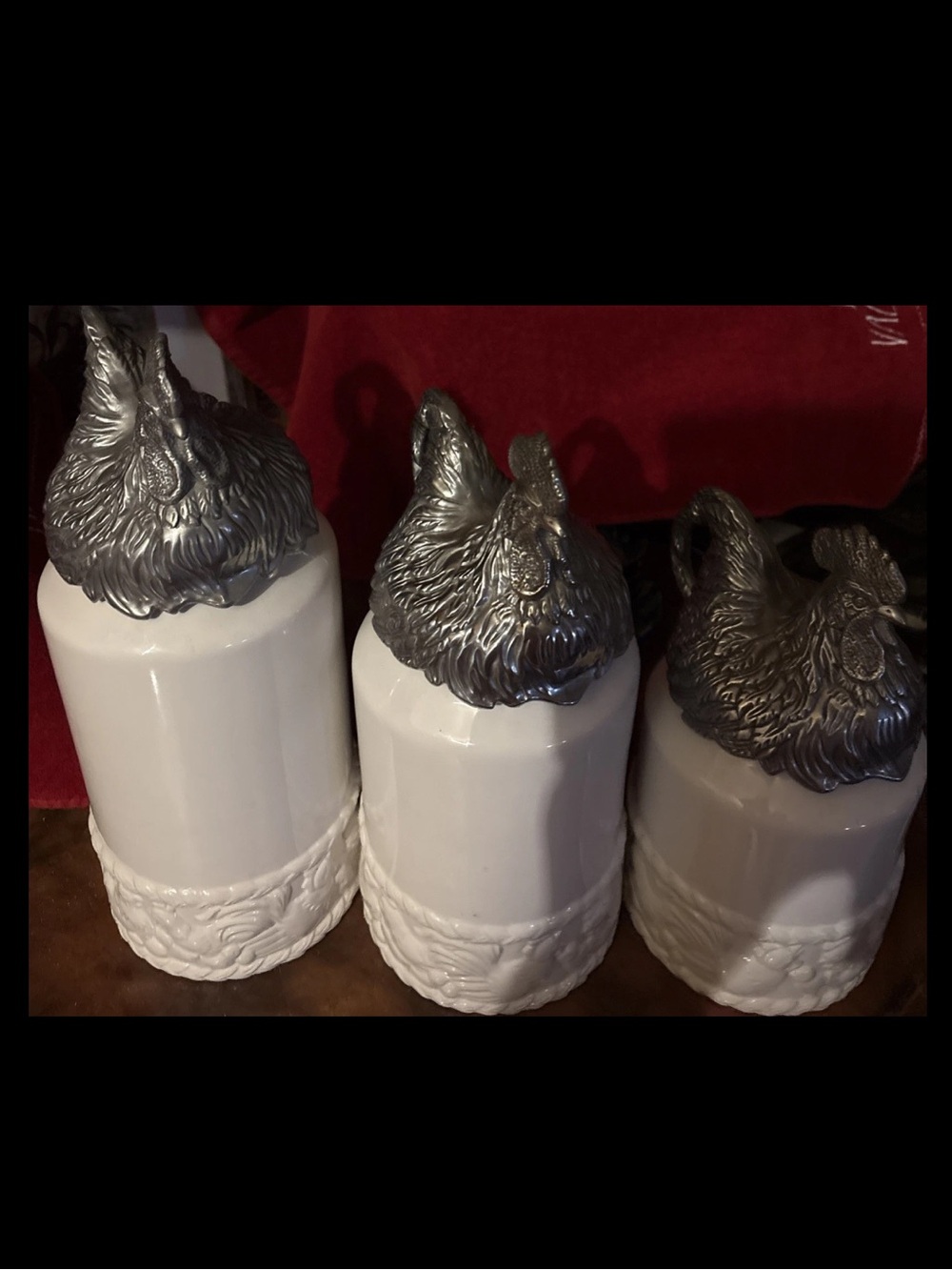 Arthur Court White Canisters with Design and Aluminum Roosters 2004 Set of 3